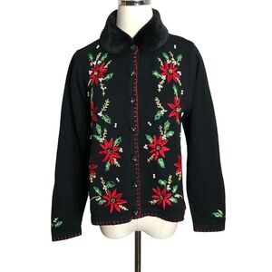 Victoria Jones Christmas Sweater Black Red Poinsettia Holiday Cardigan